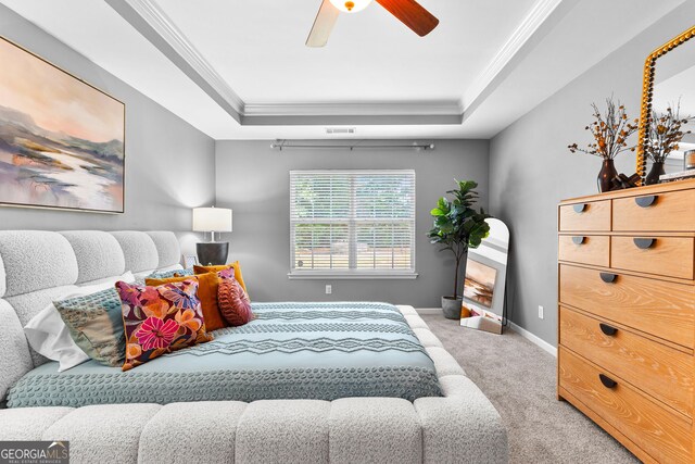 3 Stonebridge Way, Newnan, GA 30265 - bedroom featuring carpet floors, a tray ceiling, crown molding, baseboards, and ceiling fan