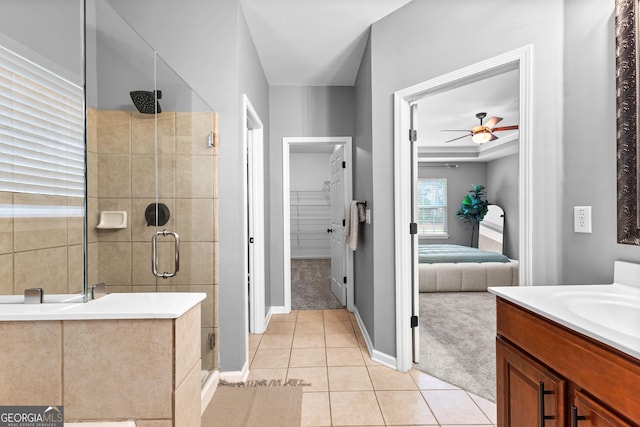 3 Stonebridge Way, Newnan, GA 30265 - ensuite bathroom with tile patterned flooring, a shower stall, baseboards, vanity, and ceiling fan