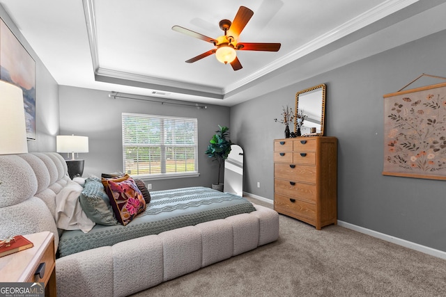 3 Stonebridge Way, Newnan, GA 30265 - bedroom with a tray ceiling, carpet flooring, baseboards, ornamental molding, and ceiling fan
