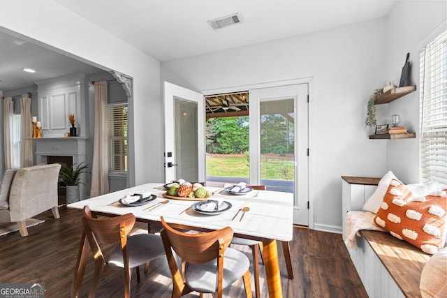 3 Stonebridge Way, Newnan, GA 30265 - dining area featuring dark wood-style floors, a fireplace, baseboards, and recessed lighting