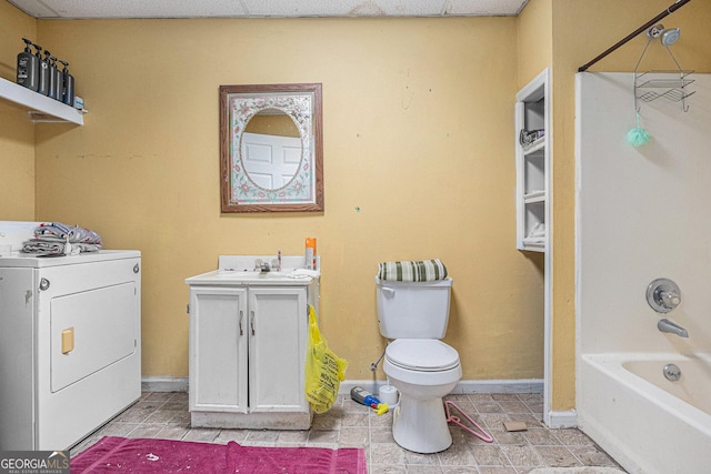 198 Hickory Ave, Demorest, GA 30535 - bathroom with washer / dryer, vanity, toilet, shower / bath combination, and baseboards