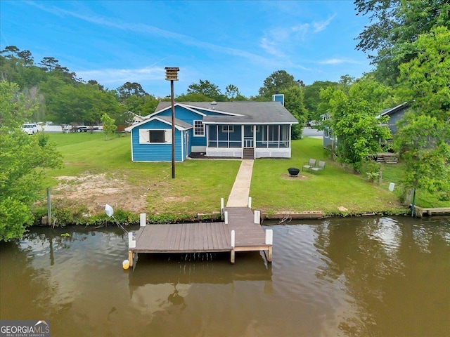 413 Panorama Pl, Macon, GA 31220 - rear view of property with a sunroom, a water view, a yard, and an outdoor fire pit