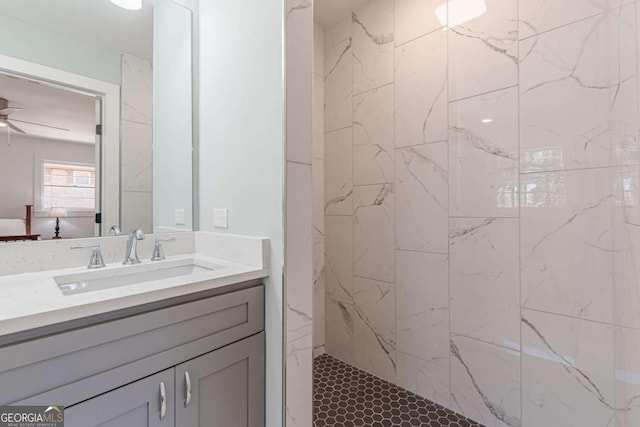 442 Mountain Park Trl, Stone Mountain, GA 30087 - bathroom with vanity, a marble finish shower, and a ceiling fan