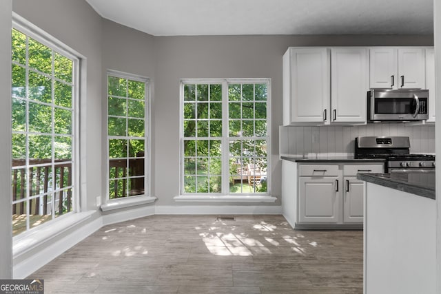 1133 Stone Brook Ln, Bremen, GA 30110 - kitchen featuring stainless steel appliances, plenty of natural light, dark countertops, and white cabinetry
