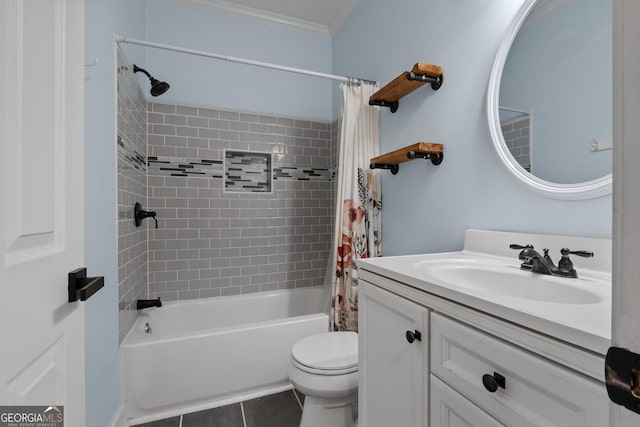 1133 Stone Brook Ln, Bremen, GA 30110 - full bath with crown molding, vanity, tile patterned flooring, shower / bathtub combination with curtain, and toilet