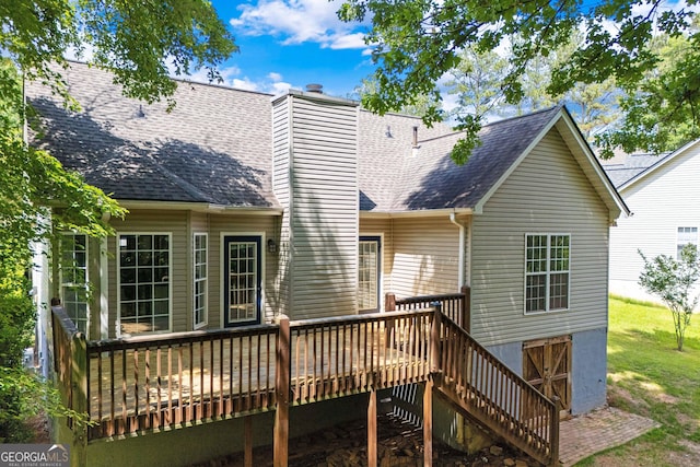 1133 Stone Brook Ln, Bremen, GA 30110 - rear view of property with a wooden deck, a chimney, a shingled roof, and stairs