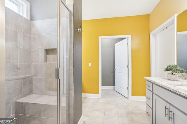 160 Amherst Way, Fayetteville, GA 30215 - bathroom with vanity, a stall shower, tile patterned flooring, and baseboards