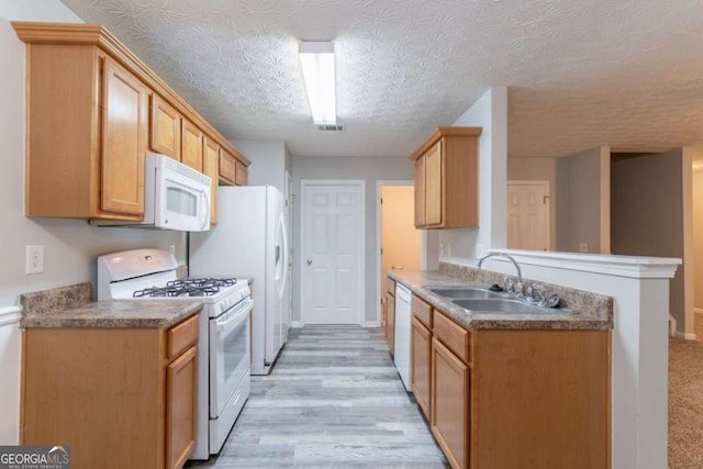 541 Shadow Valley Ct, Lithonia, GA 30058 - kitchen featuring white appliances, a sink, light wood finished floors, baseboards, and a peninsula