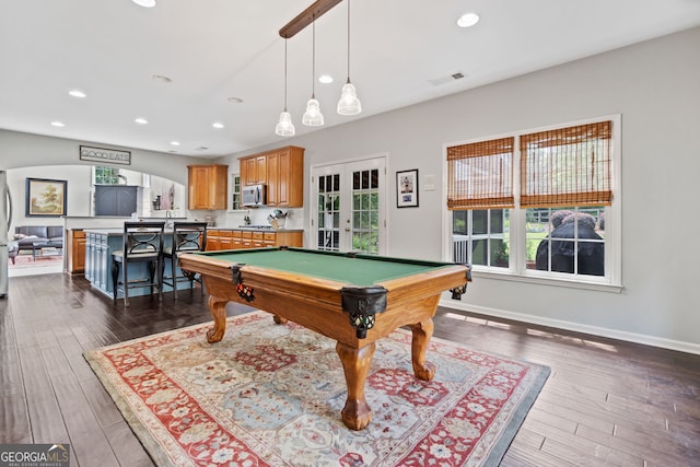 514 Augusta Dr, Canton, GA 30115 - recreation room featuring french doors, recessed lighting, dark wood-style flooring, baseboards, and billiards