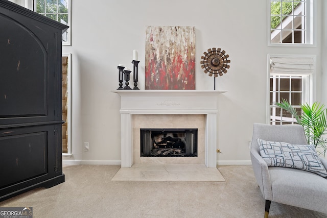 514 Augusta Dr, Canton, GA 30115 - living area featuring carpet floors, baseboards, and a fireplace with flush hearth