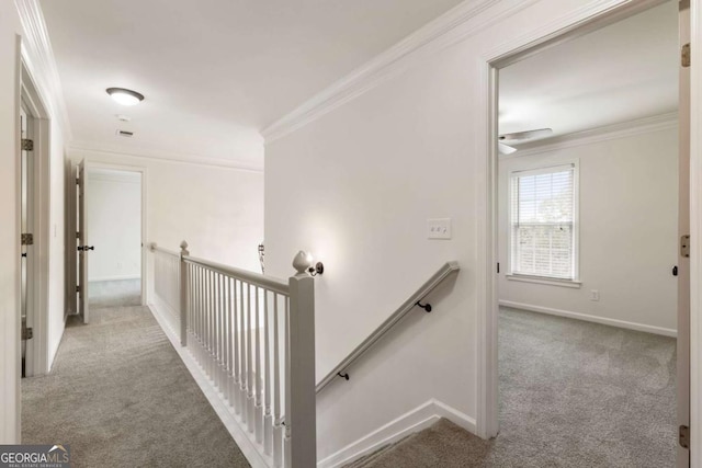 5860 Fairway View Dr, Suwanee, GA 30024 - hallway featuring an upstairs landing, carpet floors, and ornamental molding