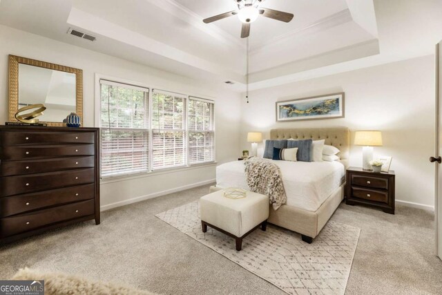 5860 Fairway View Dr, Suwanee, GA 30024 - bedroom featuring a raised ceiling, light carpet, and a ceiling fan