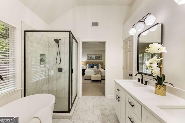 5860 Fairway View Dr, Suwanee, GA 30024 - ensuite bathroom with a stall shower, a soaking tub, double vanity, vaulted ceiling, and tile patterned flooring