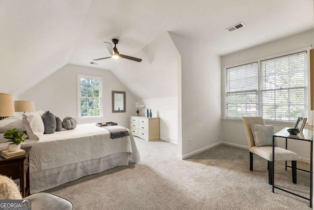 5860 Fairway View Dr, Suwanee, GA 30024 - carpeted bedroom with vaulted ceiling and ceiling fan