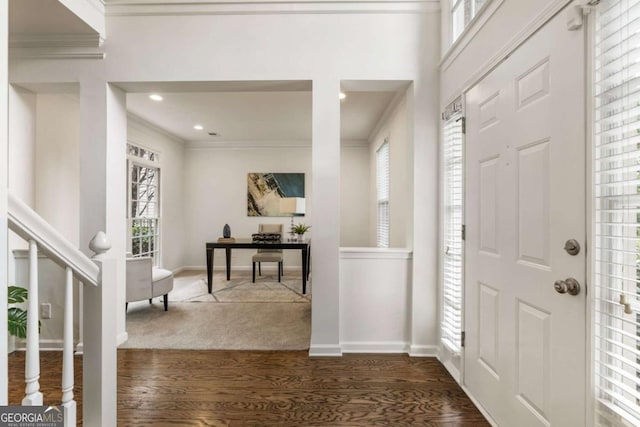 5860 Fairway View Dr, Suwanee, GA 30024 - foyer with crown molding, dark wood-type flooring, and healthy amount of natural light