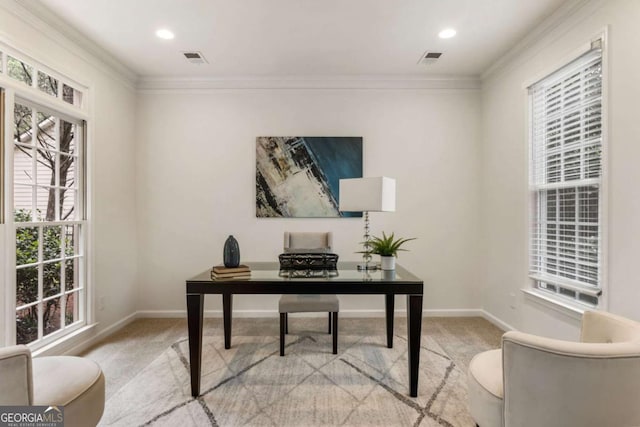5860 Fairway View Dr, Suwanee, GA 30024 - office space with light carpet, ornamental molding, and recessed lighting