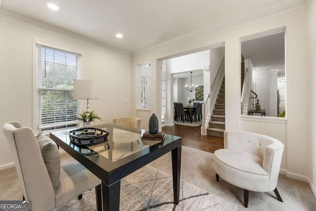 5860 Fairway View Dr, Suwanee, GA 30024 - office area with ornamental molding, a chandelier, and recessed lighting