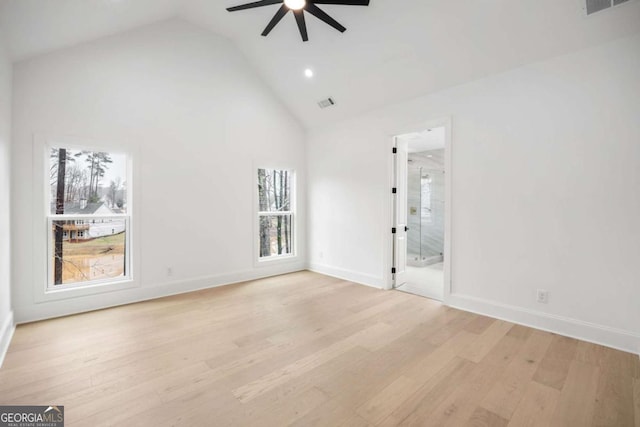 1050 Carnoustie, Greensboro, GA 30642 - unfurnished room with a ceiling fan, light wood finished floors, high vaulted ceiling, and recessed lighting