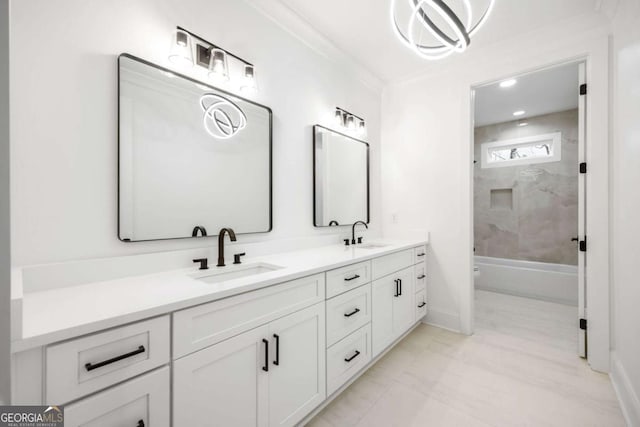 1050 Carnoustie, Greensboro, GA 30642 - full bathroom with double vanity, shower / bathtub combination, and marble look tile flooring