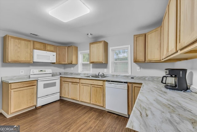 342 Chevis Rd, Savannah, GA 31419 - kitchen featuring white appliances, a sink, dark wood finished floors, and light brown cabinets