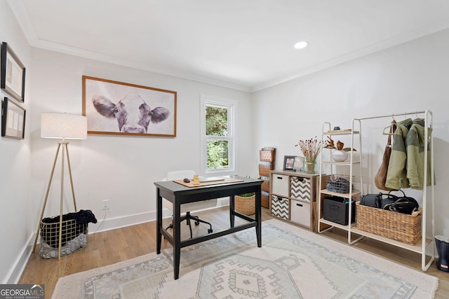 2885 Laurel Green Ct, Roswell, GA 30076 - office area with wood finished floors, ornamental molding, and baseboards