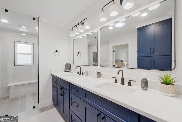 2885 Laurel Green Ct, Roswell, GA 30076 - bathroom with double vanity, a walk in shower, and baseboards