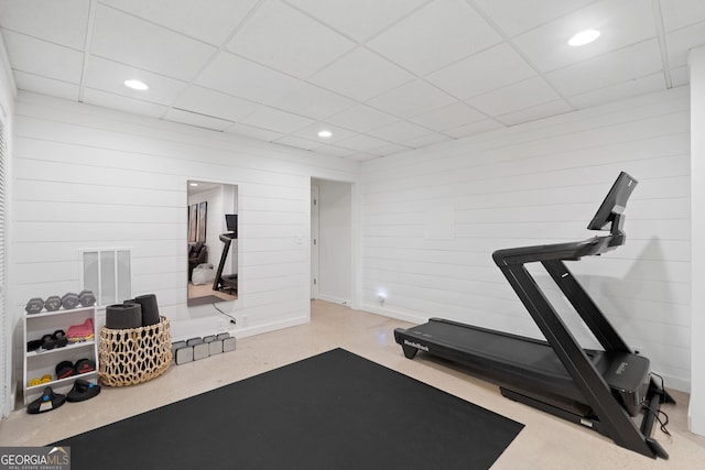 2885 Laurel Green Ct, Roswell, GA 30076 - workout area featuring a drop ceiling, wood walls, and recessed lighting