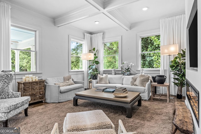 766 E Ave, Madison, GA 30650 - living room with wood finished floors, beam ceiling, ornamental molding, coffered ceiling, and recessed lighting