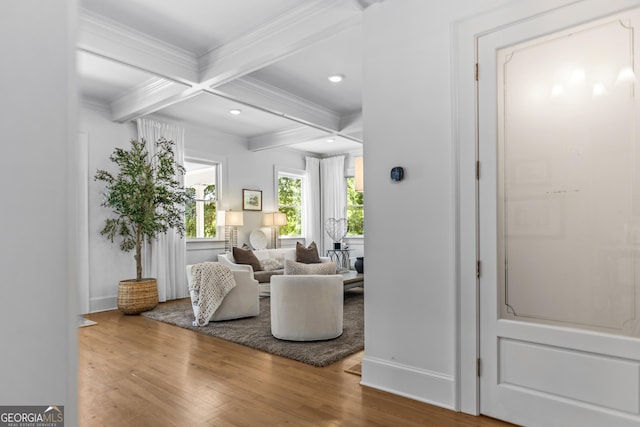 766 E Ave, Madison, GA 30650 - living area featuring crown molding, wood finished floors, coffered ceiling, beamed ceiling, and recessed lighting