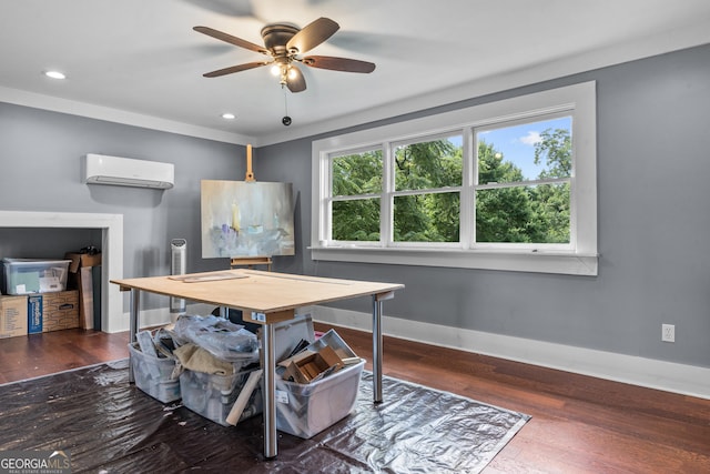 766 E Ave, Madison, GA 30650 - dining room with a wall mounted air conditioner, a ceiling fan, hardwood / wood-style flooring, and recessed lighting