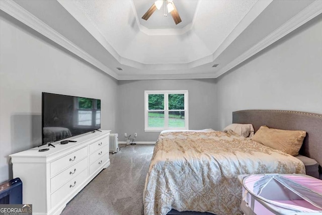 3190 Water Brook Dr SW, Conyers, GA 30094 - carpeted bedroom featuring a tray ceiling, radiator heating unit, ceiling fan, baseboards, and ornamental molding