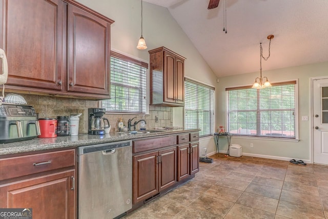 200 Wildwood, Calhoun, GA 30701 - kitchen featuring stainless steel dishwasher, a sink, backsplash, lofted ceiling, and decorative light fixtures