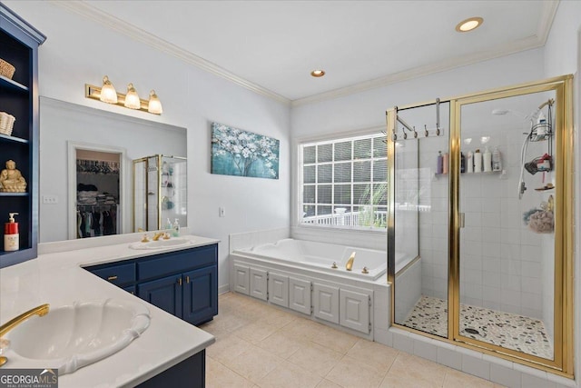 40 Costleys Bridge Dr, Oxford, GA 30054 - full bathroom featuring vanity, a shower stall, a bath, tile patterned flooring, and crown molding