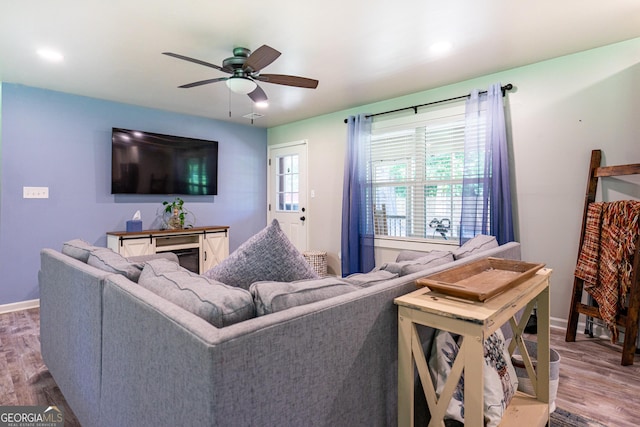 101 Crestwood Dr, Lagrange, GA 30241 - living room featuring ceiling fan, wood finished floors, and baseboards
