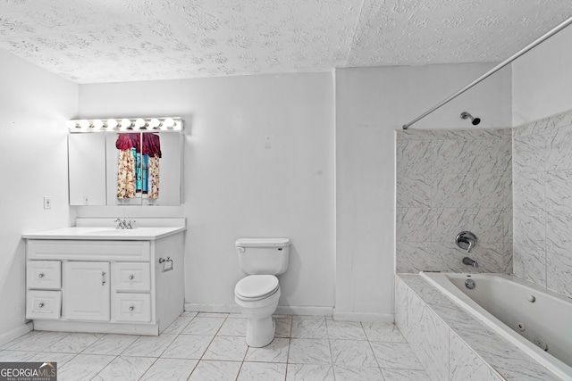 900 Fleetwood Cir SW, Atlanta, GA 30311 - bathroom with marble look tiles, vanity, a textured ceiling, tiled shower / bath, and toilet