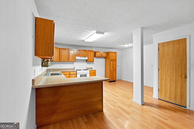 900 Fleetwood Cir SW, Atlanta, GA 30311 - kitchen with a sink, white range with gas cooktop, light wood-type flooring, a peninsula, and a textured ceiling