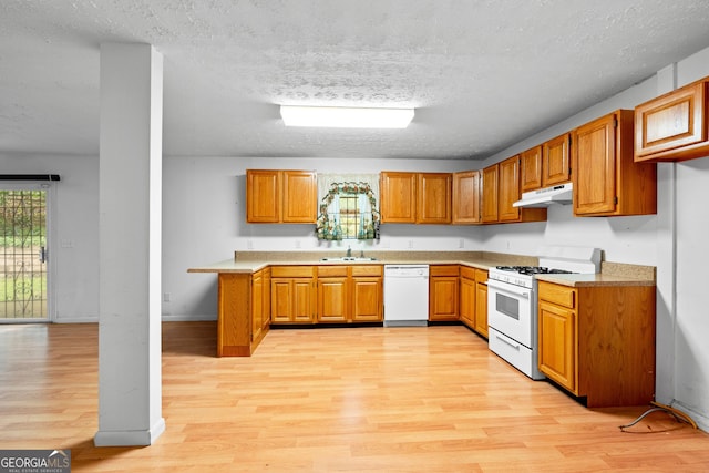 900 Fleetwood Cir SW, Atlanta, GA 30311 - kitchen featuring white appliances, under cabinet range hood, a sink, brown cabinetry, and light wood-style floors