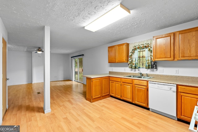 900 Fleetwood Cir SW, Atlanta, GA 30311 - kitchen with dishwasher, a sink, a peninsula, light wood-type flooring, and light countertops