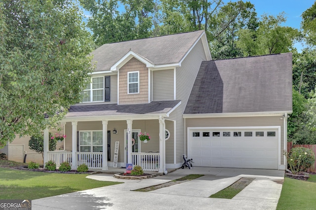 17 Roxbury Ln, Newnan, GA 30265 - view of front of house with a porch, driveway, an attached garage, roof with shingles, and a front yard