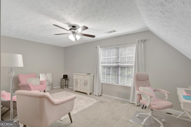 17 Roxbury Ln, Newnan, GA 30265 - interior space featuring a textured ceiling, baseboards, ceiling fan, lofted ceiling, and carpet flooring