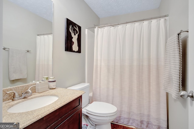 17 Roxbury Ln, Newnan, GA 30265 - full bath with vanity, toilet, a textured ceiling, and a shower with curtain