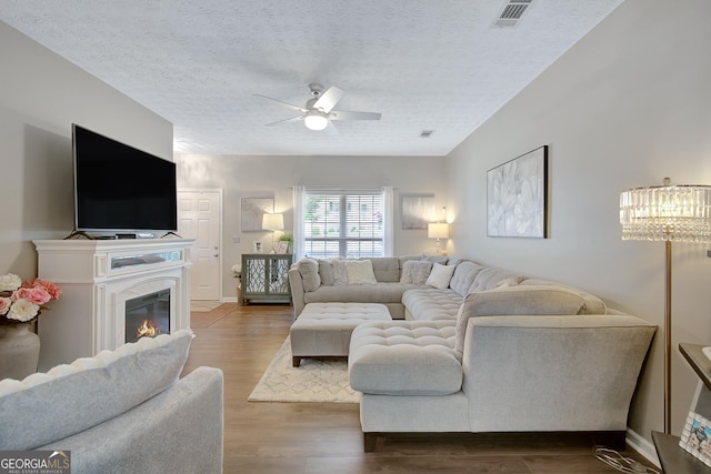 17 Roxbury Ln, Newnan, GA 30265 - living room with ceiling fan, wood finished floors, a glass covered fireplace, a textured ceiling, and baseboards