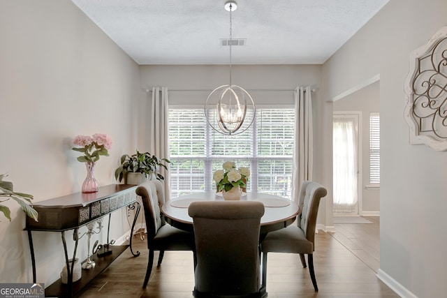 17 Roxbury Ln, Newnan, GA 30265 - dining area featuring a chandelier, plenty of natural light, wood finished floors, and a textured ceiling