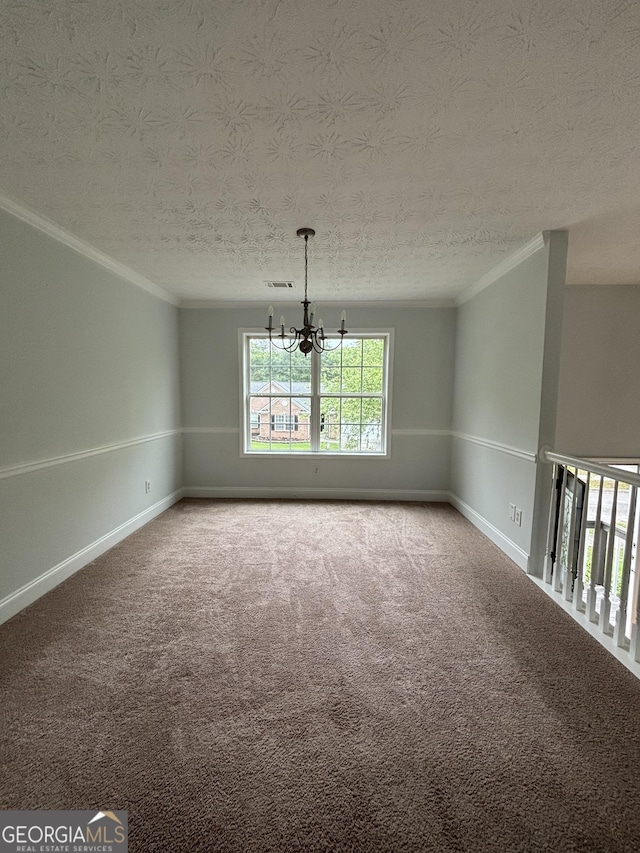 4069 Savannah Ridge Ct, Loganville, GA 30052 - carpeted spare room with crown molding, a chandelier, a textured ceiling, and baseboards