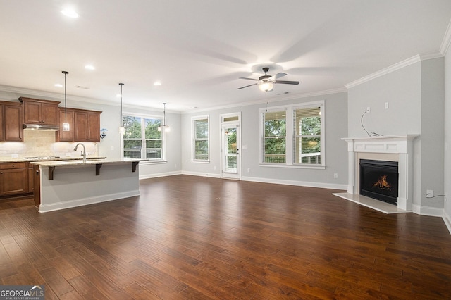 7139 Lake Edge Dr, Flowery Branch, GA 30542 - unfurnished living room with a ceiling fan, a lit fireplace, dark wood finished floors, ornamental molding, and recessed lighting