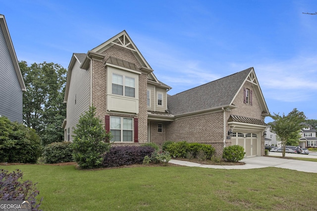 7139 Lake Edge Dr, Flowery Branch, GA 30542 - craftsman house with brick siding, concrete driveway, a garage, and a front yard