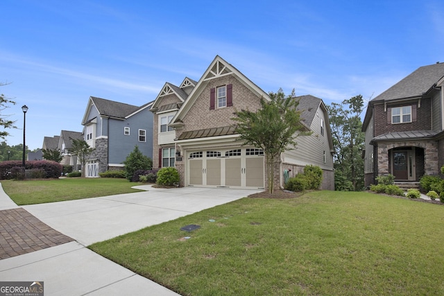 7139 Lake Edge Dr, Flowery Branch, GA 30542 - craftsman-style home featuring concrete driveway, brick siding, a front lawn, a garage, and a standing seam roof