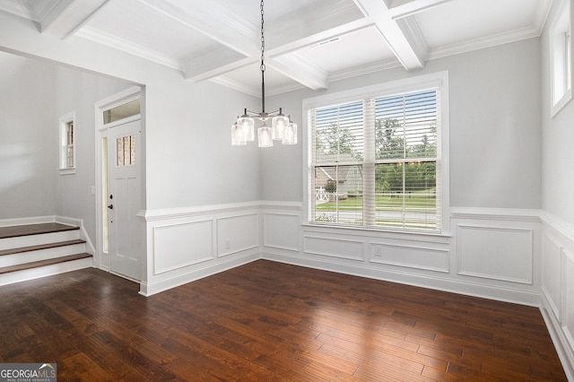 7139 Lake Edge Dr, Flowery Branch, GA 30542 - unfurnished dining area featuring coffered ceiling, a chandelier, beamed ceiling, dark wood finished floors, and stairs