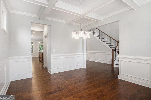 7139 Lake Edge Dr, Flowery Branch, GA 30542 - unfurnished dining area featuring coffered ceiling, stairs, a chandelier, beam ceiling, and dark wood-type flooring