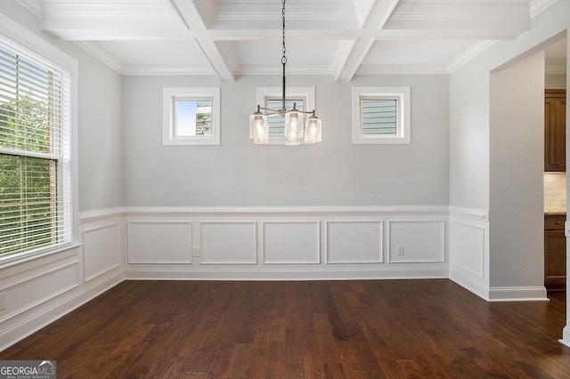 7139 Lake Edge Dr, Flowery Branch, GA 30542 - unfurnished dining area featuring beam ceiling, dark wood finished floors, coffered ceiling, a chandelier, and wainscoting